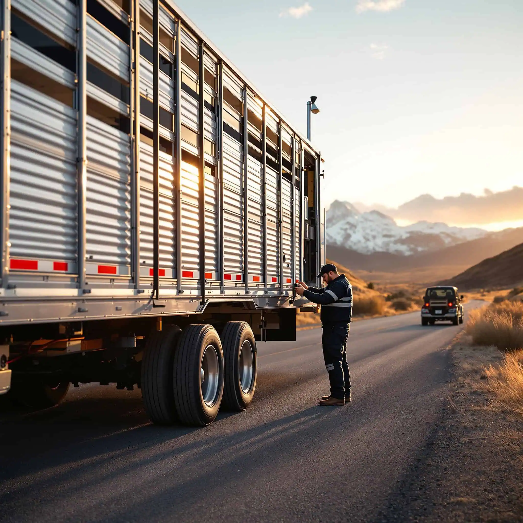 Gooseneck livestock trailer parked at a mountain pullout in Colorado with a technician checking a wheel hub, mountains visible in background