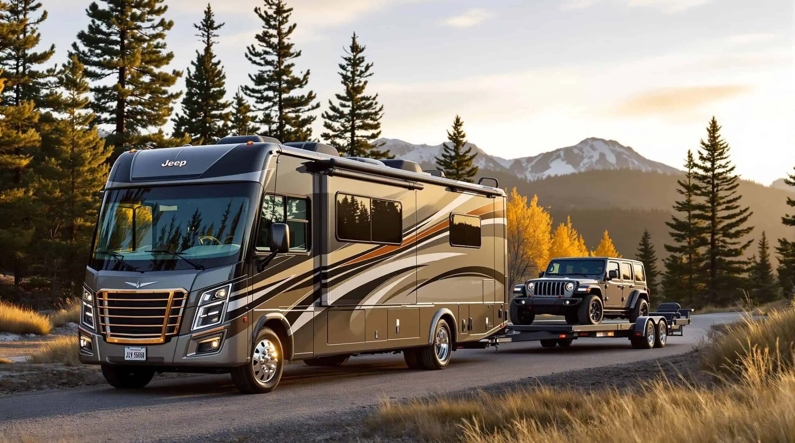 A Class A motorhome parked at a Colorado mountain campsite with a Jeep Wrangler flat towed behind it, tow bar visible, evergreen trees and a distant peak in the background