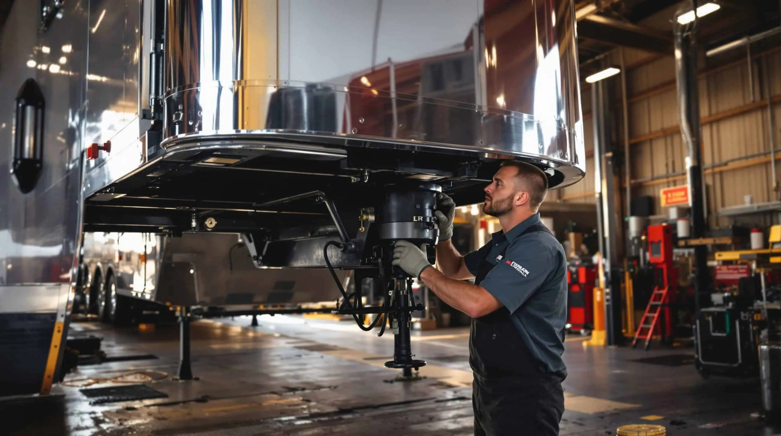 Technician in work uniform inspecting the coupler and frame of a gooseneck trailer inside a large repair shop bay in Colorado Springs