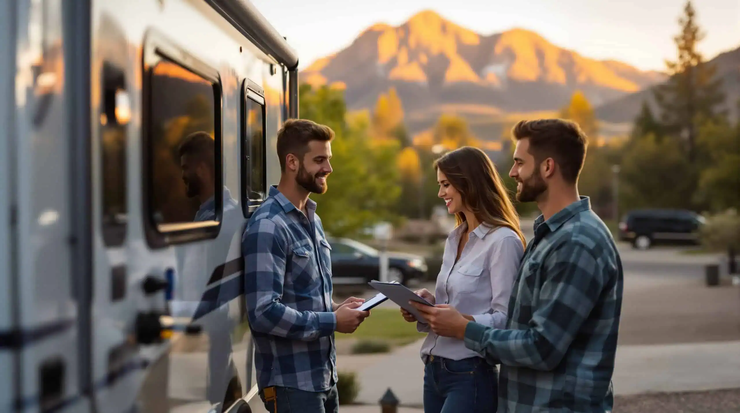 Family inspecting RV roof near mountains, Colorado Springs maintenance check.