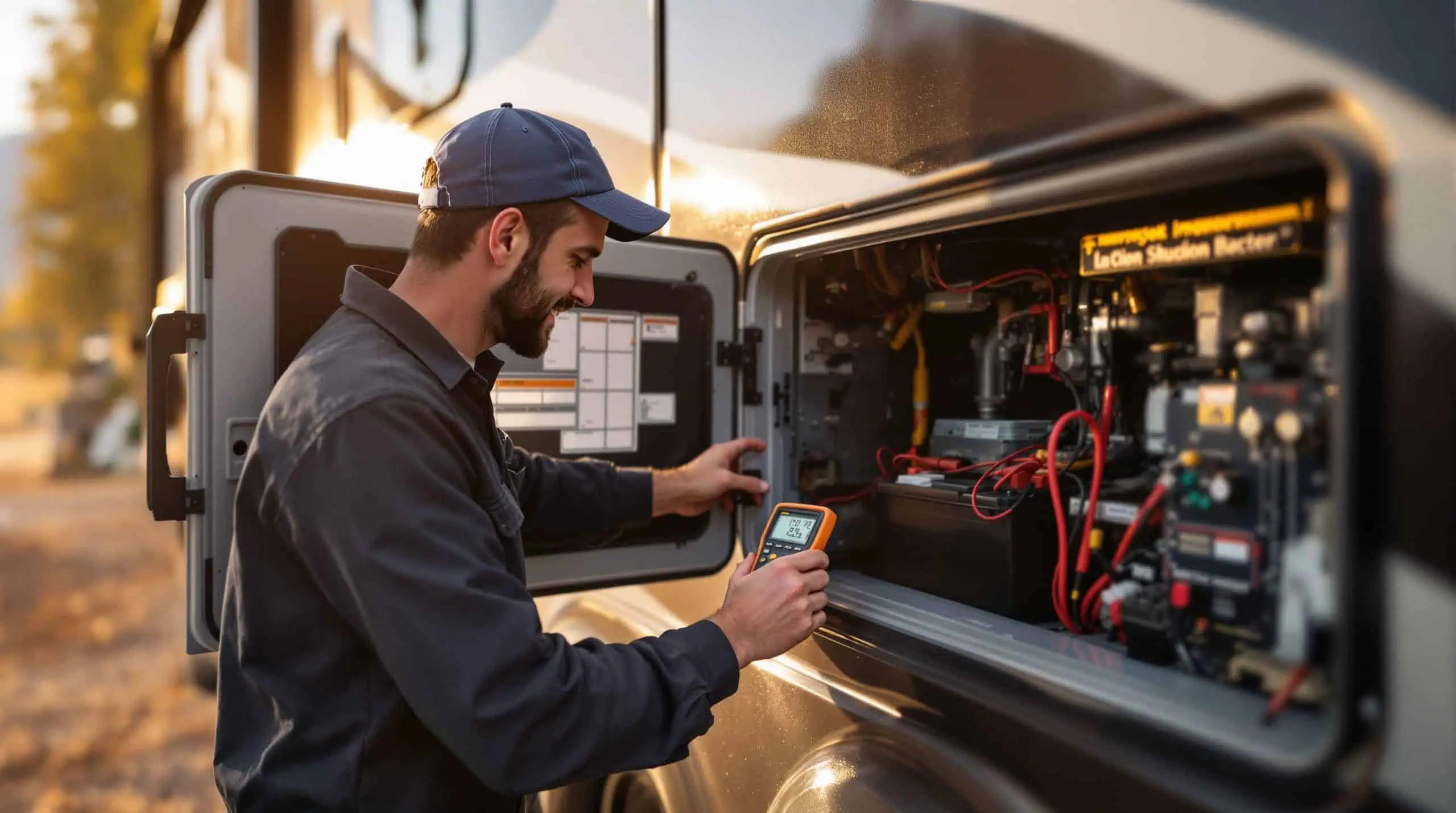 RV technician using a multimeter to test a battery bank inside an open compartment on a motorhome parked in a Colorado Springs shop bay