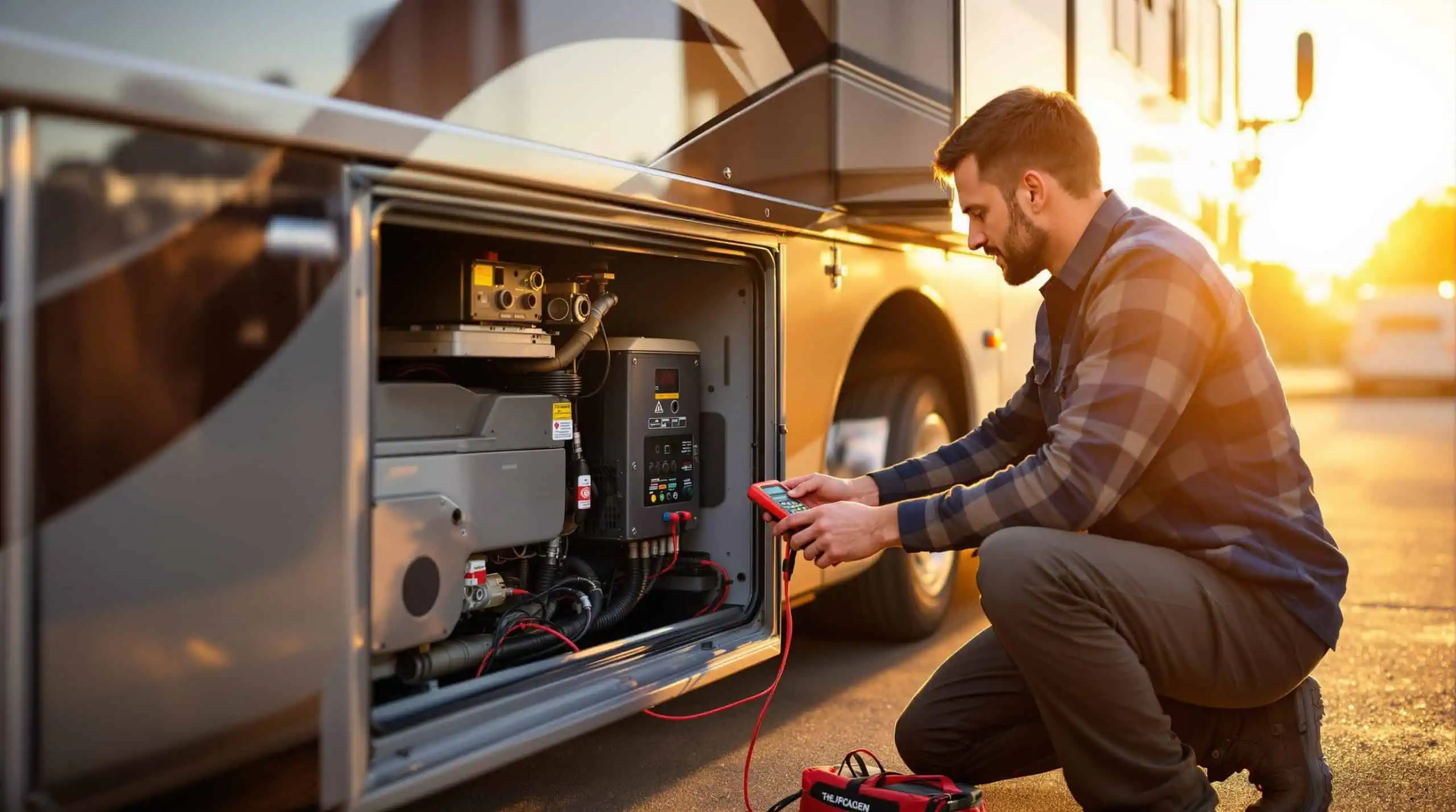 RV technician kneeling beside an open generator compartment on a Class A motorhome, testing components with a multimeter in a well-lit repair bay