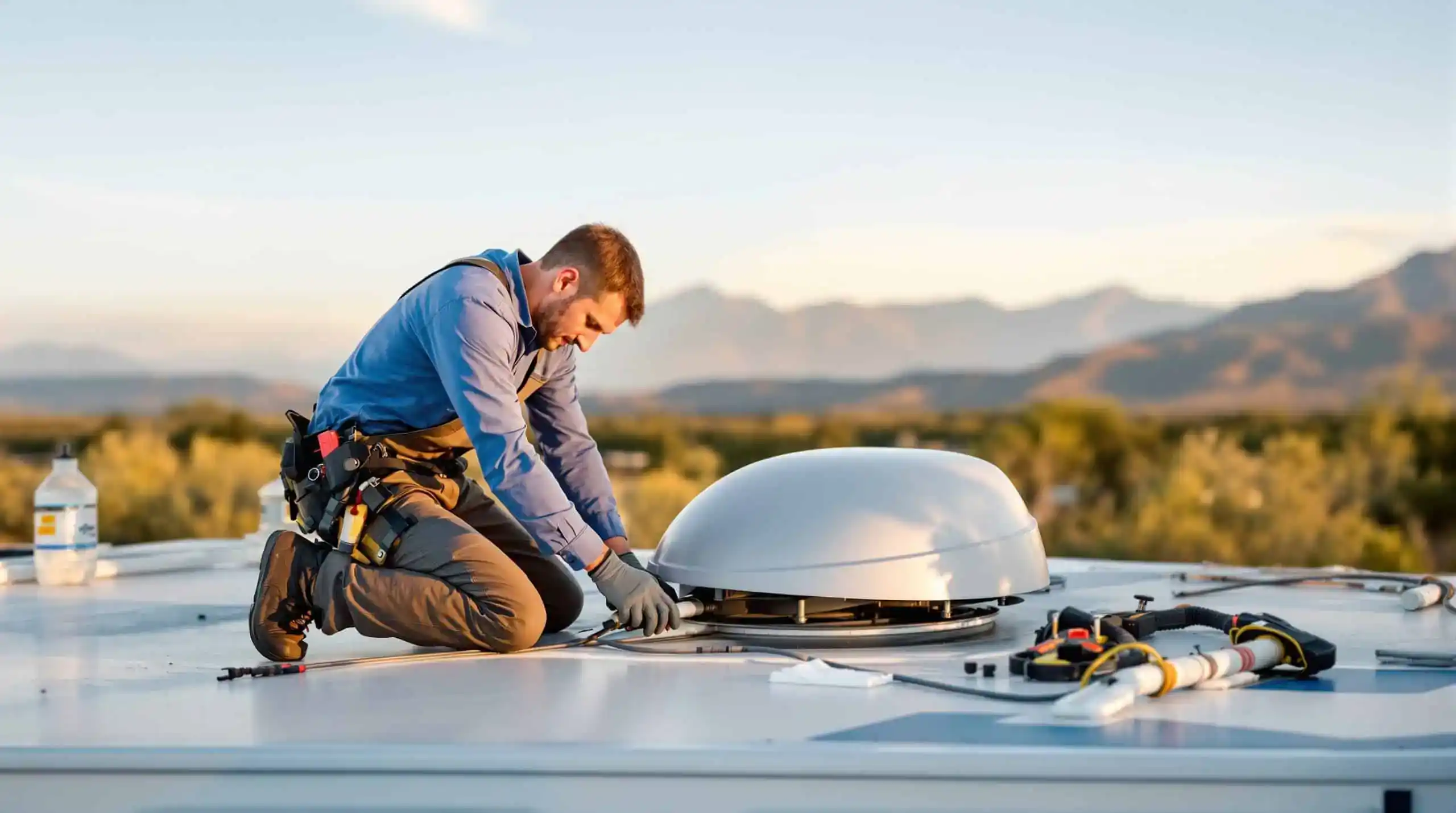 RV technician kneeling on a motorhome roof in Colorado Springs inspecting sealant around a roof vent with mountains visible in the background