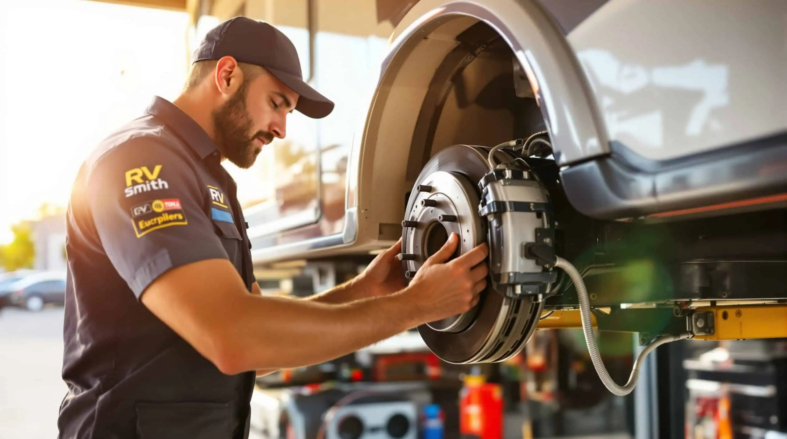 RV technician in branded RV Smith uniform inspecting an exposed trailer brake drum and electric brake assembly on a lift inside a bright shop bay